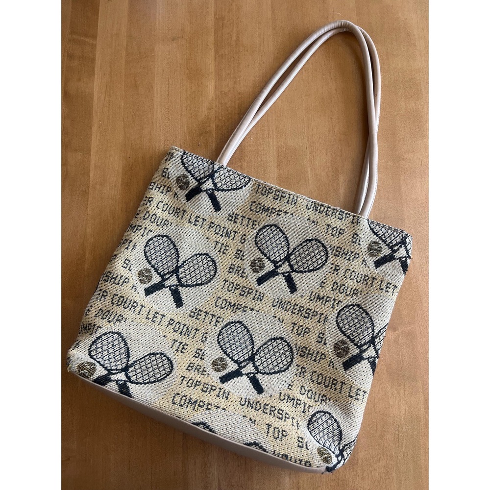 Vintage Woven Tennis Tote Bag Purse‎ Rackets Balls Related Terminology RARE